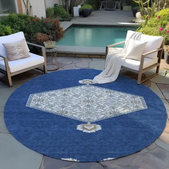 8' Navy Blue Gray And Beige Round Oriental Washable Indoor Outdoor Area Rug Photo 7