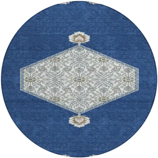 8' Navy Blue Gray And Beige Round Oriental Washable Indoor Outdoor Area Rug Photo 2