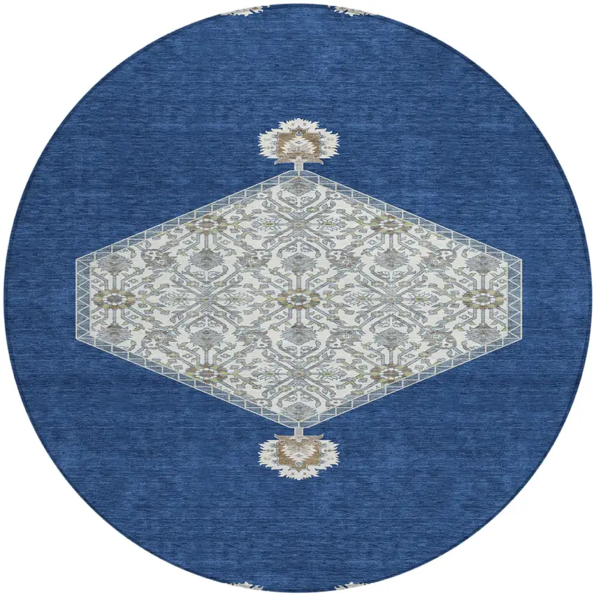 8' Navy Blue Gray And Beige Round Oriental Washable Indoor Outdoor Area Rug Photo 2