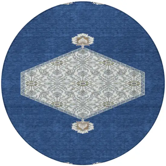 8' Navy Blue Gray And Beige Round Oriental Washable Indoor Outdoor Area Rug Photo 6