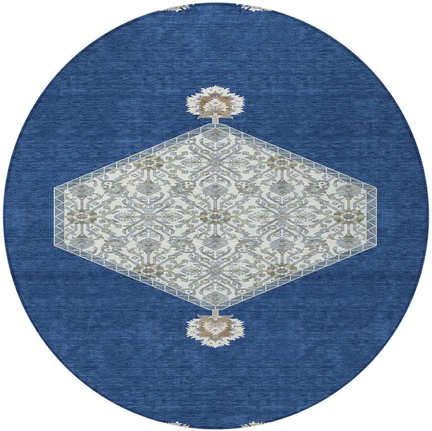 8' Navy Blue Gray And Beige Round Oriental Washable Indoor Outdoor Area Rug Photo 6
