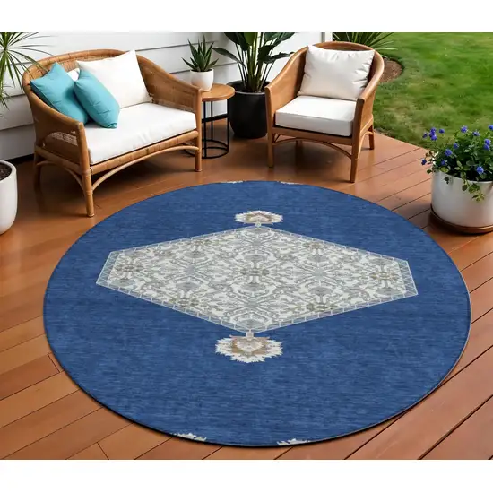8' Navy Blue Gray And Beige Round Oriental Washable Indoor Outdoor Area Rug Photo 1