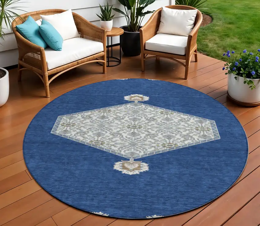 8' Navy Blue Gray And Beige Round Oriental Washable Indoor Outdoor Area Rug Photo 1