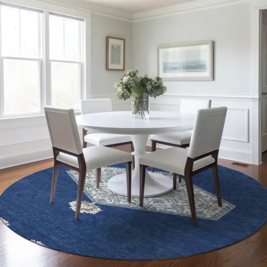 8' Navy Blue Gray And Beige Round Oriental Washable Indoor Outdoor Area Rug Photo 8