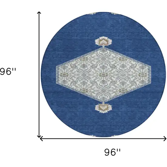 8' Navy Blue Gray And Beige Round Oriental Washable Indoor Outdoor Area Rug Photo 3