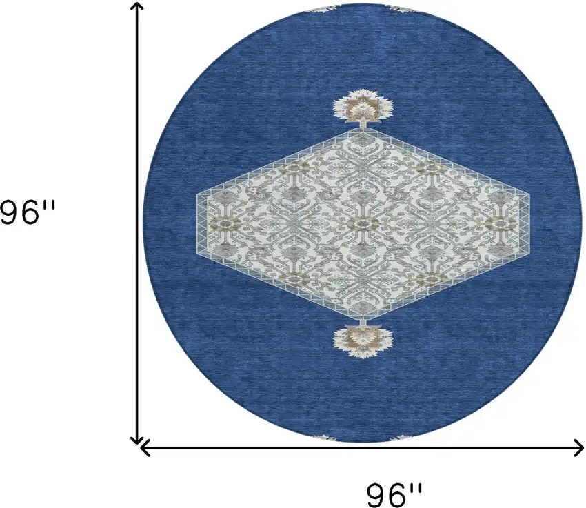 8' Navy Blue Gray And Beige Round Oriental Washable Indoor Outdoor Area Rug Photo 3