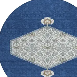 Photo of 8' Navy Blue Gray And Beige Round Oriental Washable Indoor Outdoor Area Rug