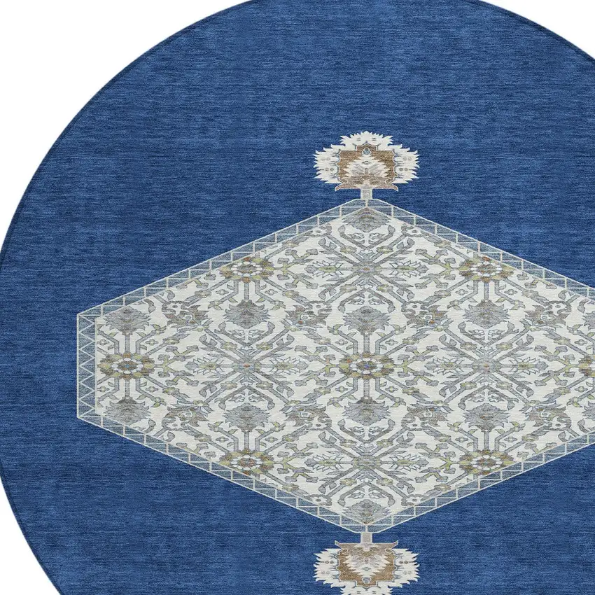 8' Navy Blue Gray And Beige Round Oriental Washable Indoor Outdoor Area Rug Photo 5
