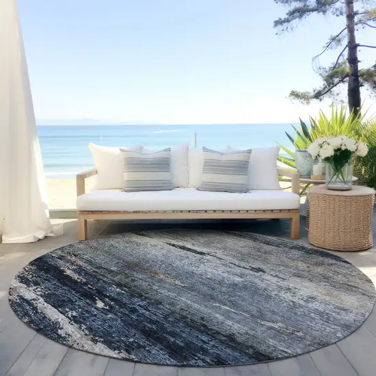 8' Navy Blue Gray And Black Round Abstract Washable Indoor Outdoor Area Rug Photo 6