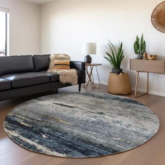 8' Navy Blue Gray And Black Round Abstract Washable Indoor Outdoor Area Rug Photo 7