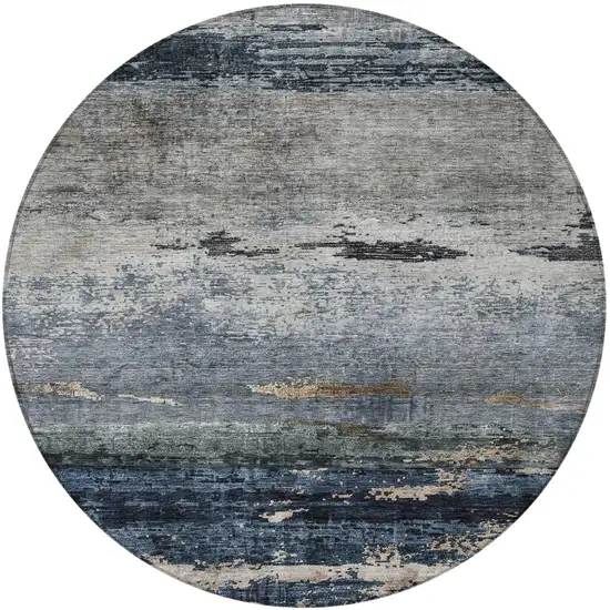 8' Navy Blue Gray And Black Round Abstract Washable Indoor Outdoor Area Rug Photo 5