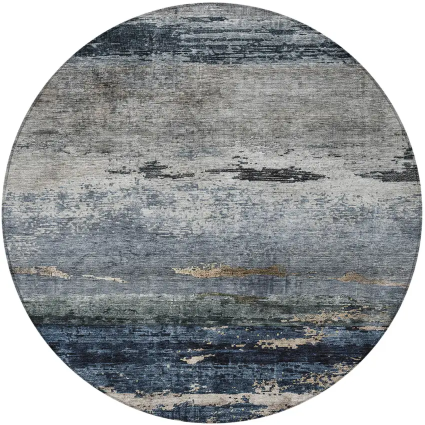 8' Navy Blue Gray And Black Round Abstract Washable Indoor Outdoor Area Rug Photo 5