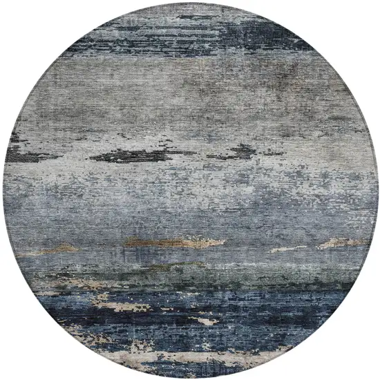 8' Navy Blue Gray And Black Round Abstract Washable Indoor Outdoor Area Rug Photo 2