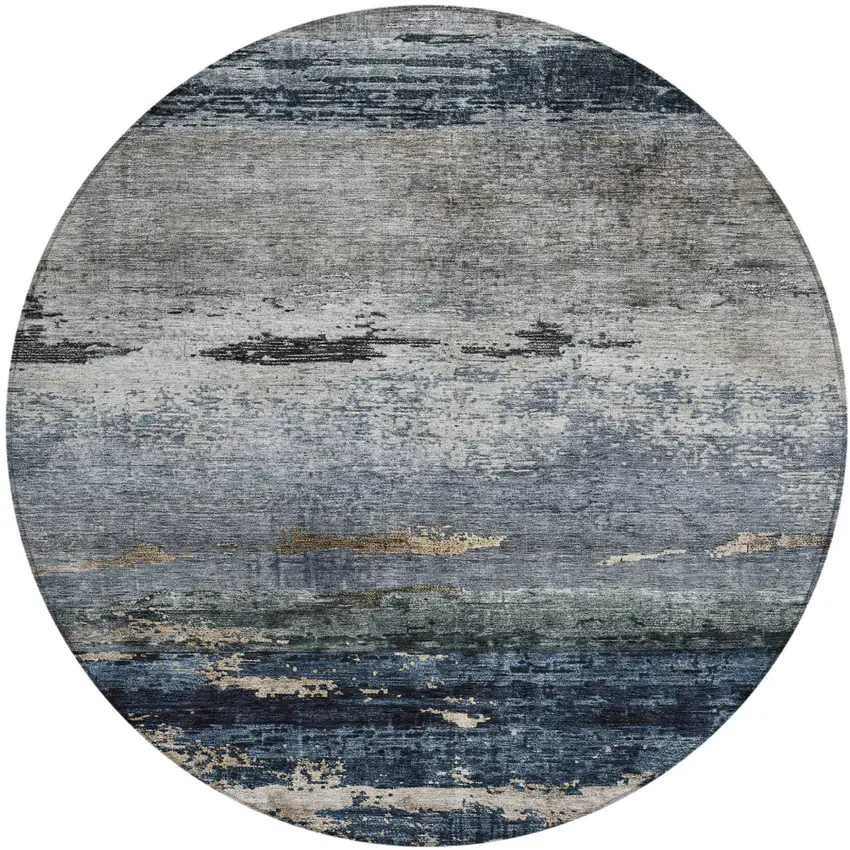 8' Navy Blue Gray And Black Round Abstract Washable Indoor Outdoor Area Rug Photo 2