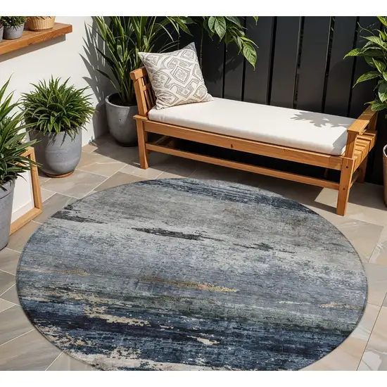 8' Navy Blue Gray And Black Round Abstract Washable Indoor Outdoor Area Rug Photo 1