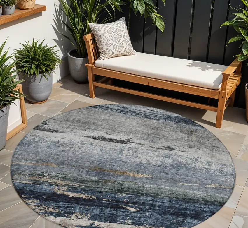 8' Navy Blue Gray And Black Round Abstract Washable Indoor Outdoor Area Rug Photo 1
