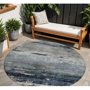 Photo of 8' Navy Blue Gray And Black Round Abstract Washable Indoor Outdoor Area Rug