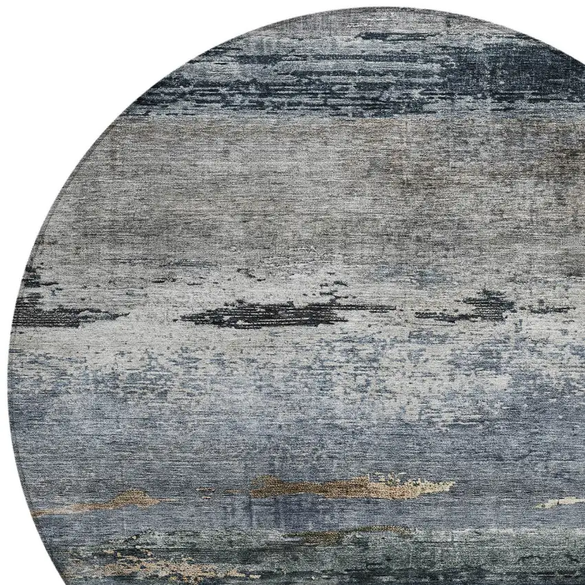 8' Navy Blue Gray And Black Round Abstract Washable Indoor Outdoor Area Rug Photo 4