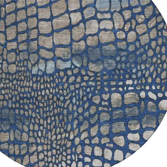 8' Navy Blue Gray And Brown Round Abstract Washable Indoor Outdoor Area Rug Photo 5
