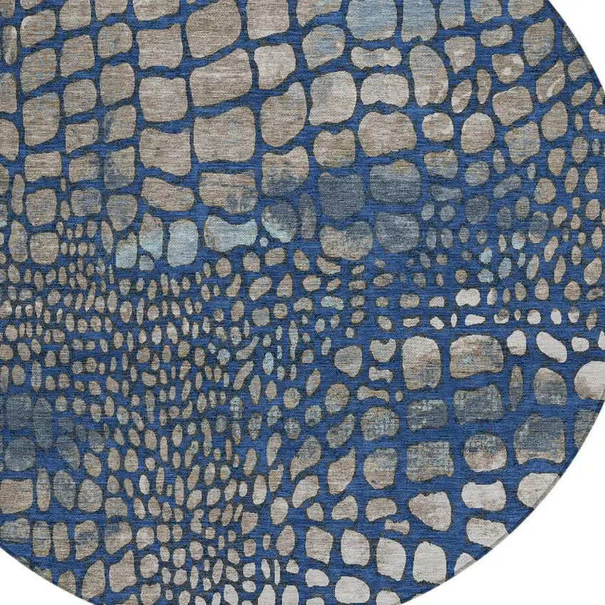 8' Navy Blue Gray And Brown Round Abstract Washable Indoor Outdoor Area Rug Photo 5