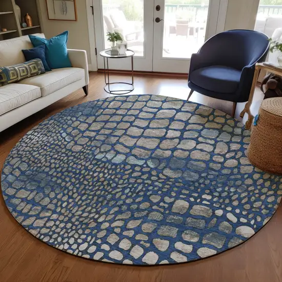 8' Navy Blue Gray And Brown Round Abstract Washable Indoor Outdoor Area Rug Photo 8