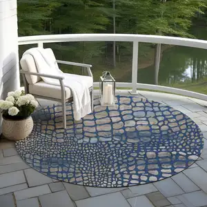 Photo of 8' Navy Blue Gray And Brown Round Abstract Washable Indoor Outdoor Area Rug