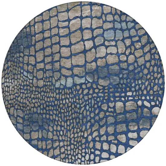 8' Navy Blue Gray And Brown Round Abstract Washable Indoor Outdoor Area Rug Photo 6