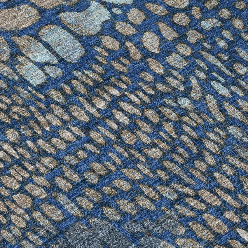 8' Navy Blue Gray And Brown Round Abstract Washable Indoor Outdoor Area Rug Photo 9