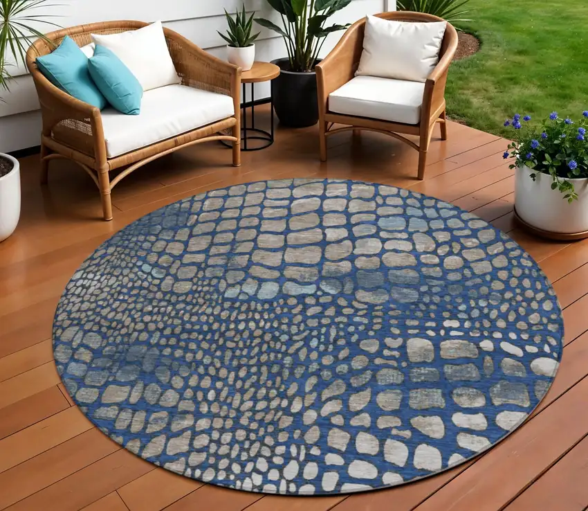 8' Navy Blue Gray And Brown Round Abstract Washable Indoor Outdoor Area Rug Photo 1