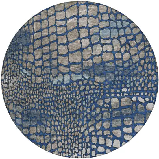 8' Navy Blue Gray And Brown Round Abstract Washable Indoor Outdoor Area Rug Photo 2