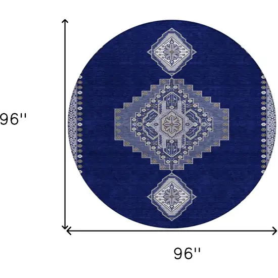 8' Navy Blue Gray And Brown Round Oriental Washable Indoor Outdoor Area Rug Photo 3