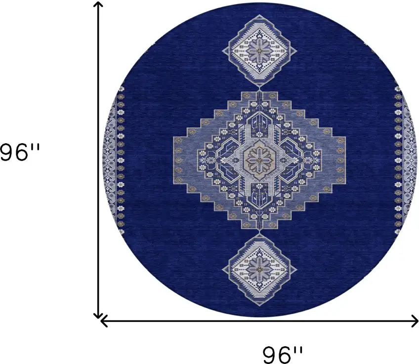 8' Navy Blue Gray And Brown Round Oriental Washable Indoor Outdoor Area Rug Photo 3