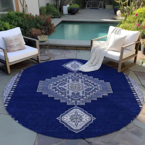 8' Navy Blue Gray And Brown Round Oriental Washable Indoor Outdoor Area Rug Photo 6