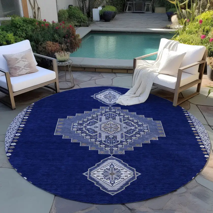 8' Navy Blue Gray And Brown Round Oriental Washable Indoor Outdoor Area Rug Photo 6