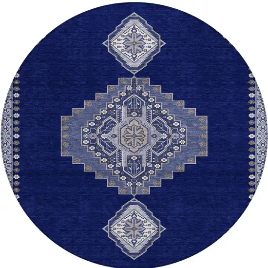 8' Navy Blue Gray And Brown Round Oriental Washable Indoor Outdoor Area Rug Photo 4