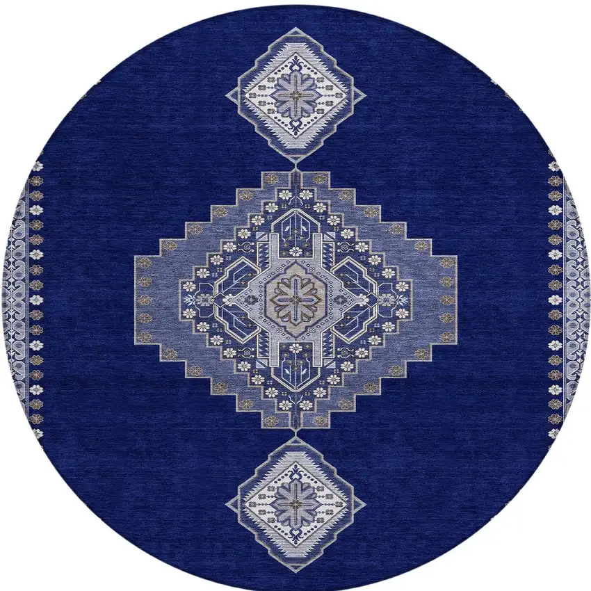 8' Navy Blue Gray And Brown Round Oriental Washable Indoor Outdoor Area Rug Photo 4