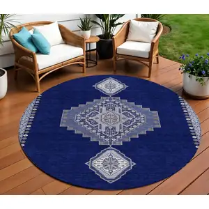 Photo of 8' Navy Blue Gray And Brown Round Oriental Washable Indoor Outdoor Area Rug