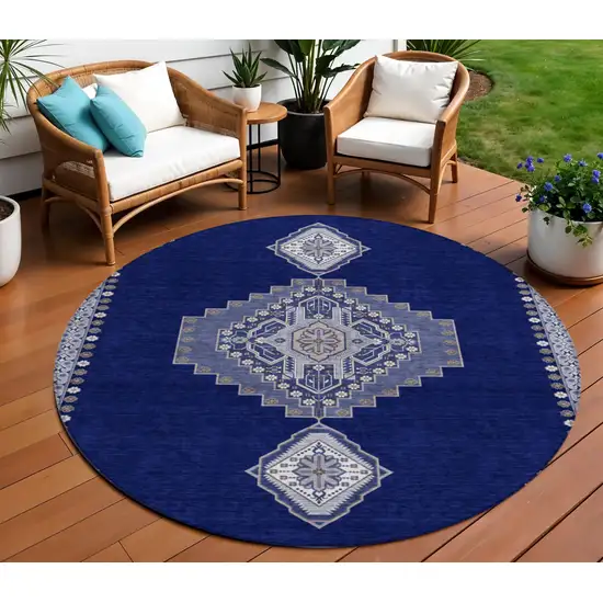 8' Navy Blue Gray And Brown Round Oriental Washable Indoor Outdoor Area Rug Photo 1