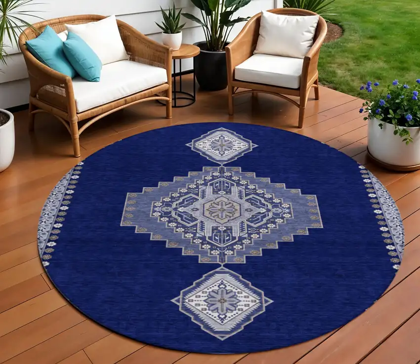 8' Navy Blue Gray And Brown Round Oriental Washable Indoor Outdoor Area Rug Photo 1
