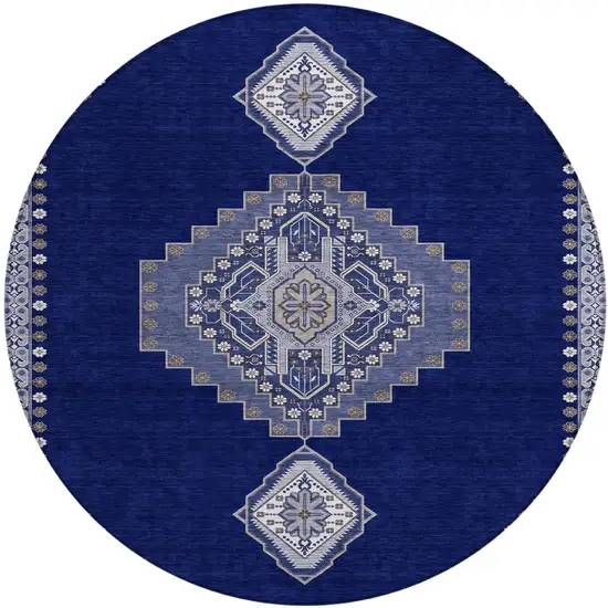 8' Navy Blue Gray And Brown Round Oriental Washable Indoor Outdoor Area Rug Photo 2