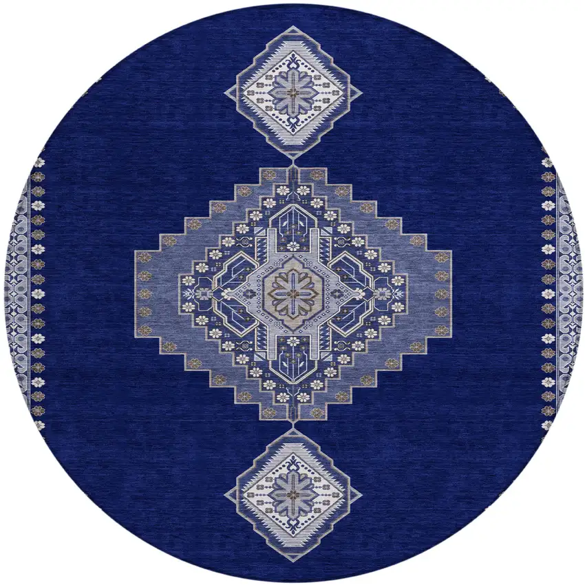8' Navy Blue Gray And Brown Round Oriental Washable Indoor Outdoor Area Rug Photo 2
