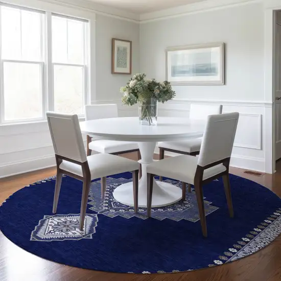 8' Navy Blue Gray And Brown Round Oriental Washable Indoor Outdoor Area Rug Photo 7