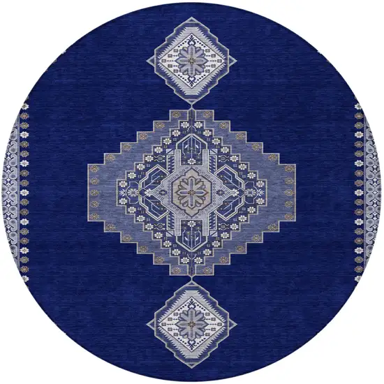 8' Navy Blue Gray And Brown Round Oriental Washable Indoor Outdoor Area Rug Photo 5