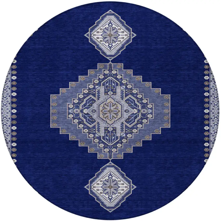 8' Navy Blue Gray And Brown Round Oriental Washable Indoor Outdoor Area Rug Photo 5