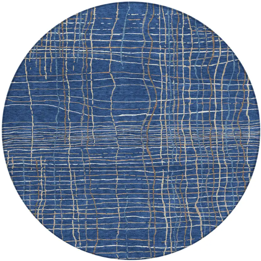 8' Navy Blue Gray And Brown Round Striped Washable Indoor Outdoor Area Rug Photo 2