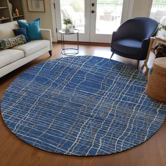 8' Navy Blue Gray And Brown Round Striped Washable Indoor Outdoor Area Rug Photo 7