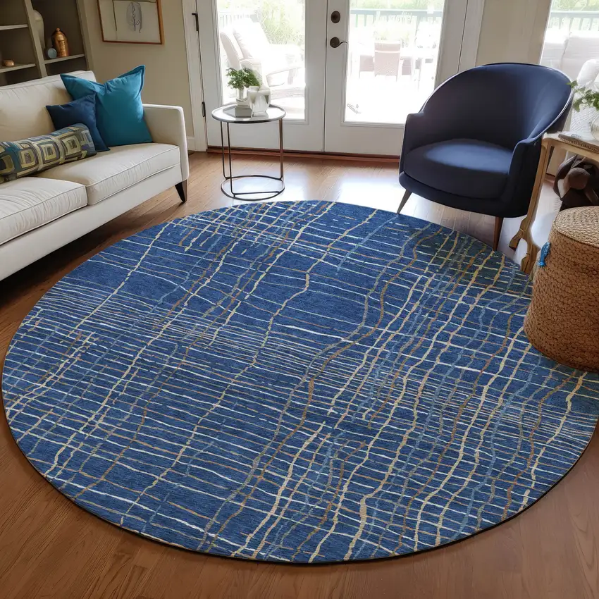 8' Navy Blue Gray And Brown Round Striped Washable Indoor Outdoor Area Rug Photo 7