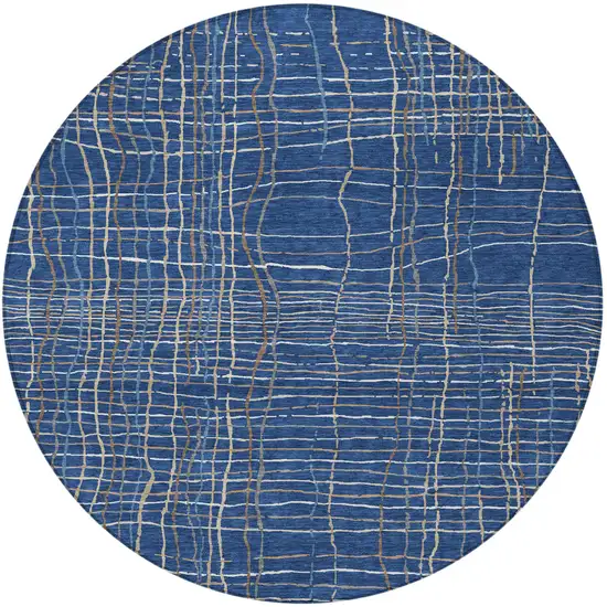 8' Navy Blue Gray And Brown Round Striped Washable Indoor Outdoor Area Rug Photo 5