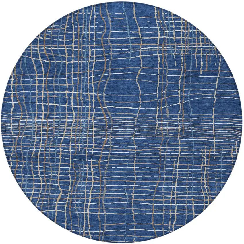 8' Navy Blue Gray And Brown Round Striped Washable Indoor Outdoor Area Rug Photo 5