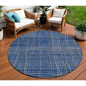Photo of 8' Navy Blue Gray And Brown Round Striped Washable Indoor Outdoor Area Rug